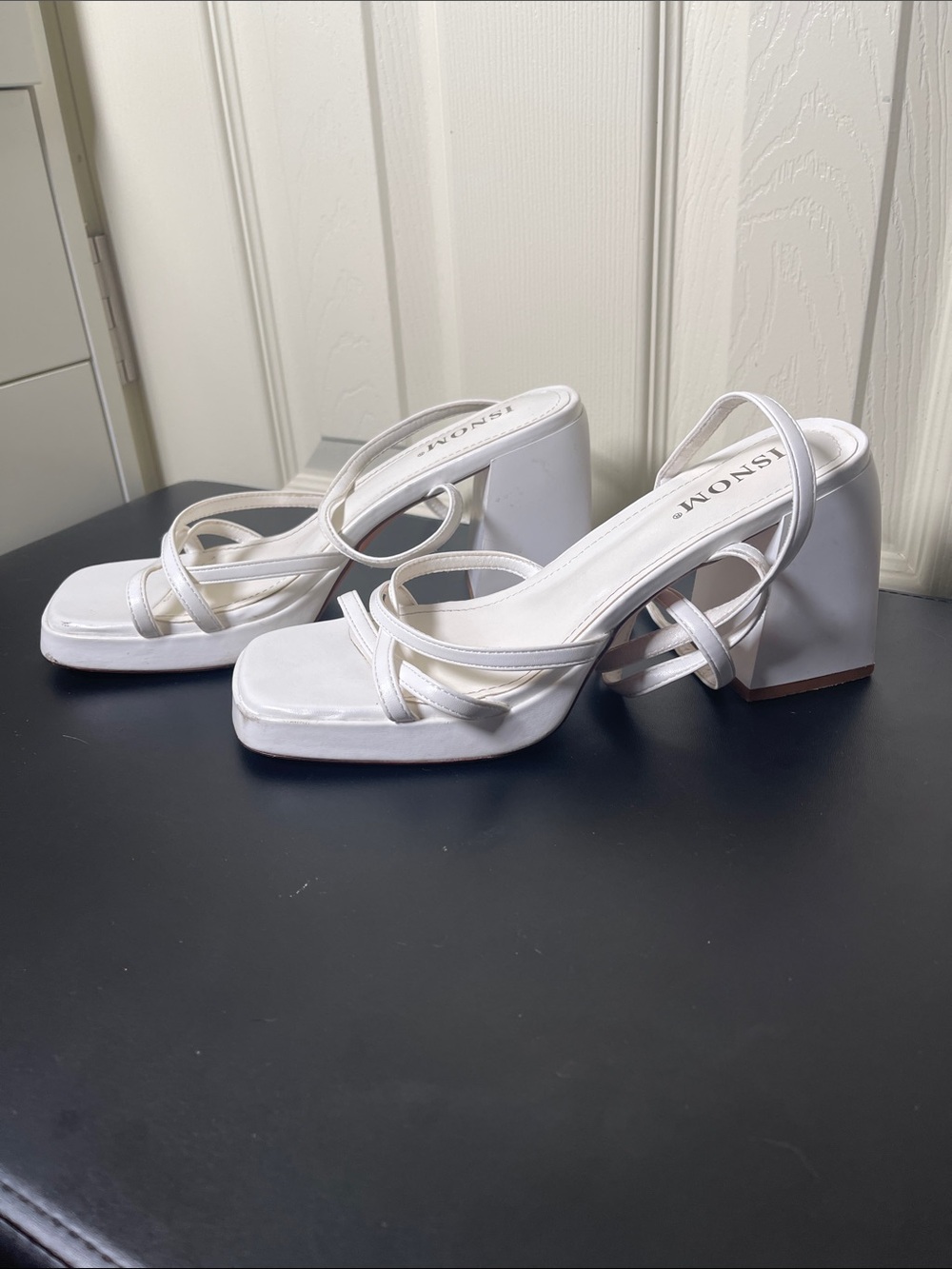 ISNOM White Square Toe Strappy Block Heel Sandals